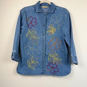 Bechamel S Blue Chambray Denim Floral Embroidered Button Down Top Boho Art Mom